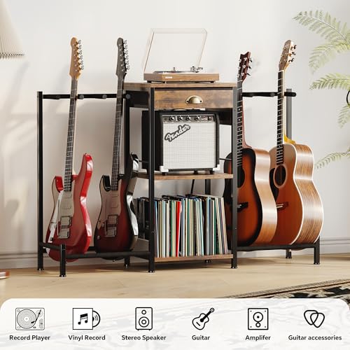 Homeiju 6-Guitar Floor Stand with Charging Station & 3-Tier Storage, Guitar Rack with Amp Stand & Cloth Drawer, Rubber Protected Guitar Holder for Studio/Home , Heavy Duty Metal Frame Homeiju