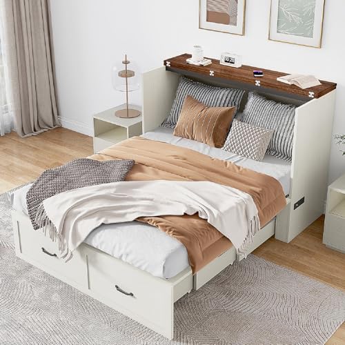Hlivelood Full Size Murphy Chest Bed with Drawer and Charging Station, Farmhouse Wood Space-Saving Hidden Folding Beds Chest, Multifunctional Storage Cabinet Bed for Bedroom, Office, Rustic White Hlivelood