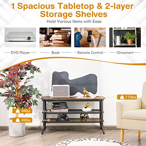 Tangkula TV Stand for TVs up to 46 Inch, 3-Tier Industrial Wooden Console Table with Mesh Grid Storage Shelf, Metal Frame, Rustic Entertainment Center for Living Room (Rustic Brown) Tangkula