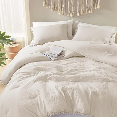 Codi Beige Twin Comforter Set for Girls - Boho Aesthetic Pom Fringe Design Cute Bedding, Soft Washed Microfiber Taupe Bed Sets, Lightweight Chic,1 Comforter & 1 Pillowcase Codi