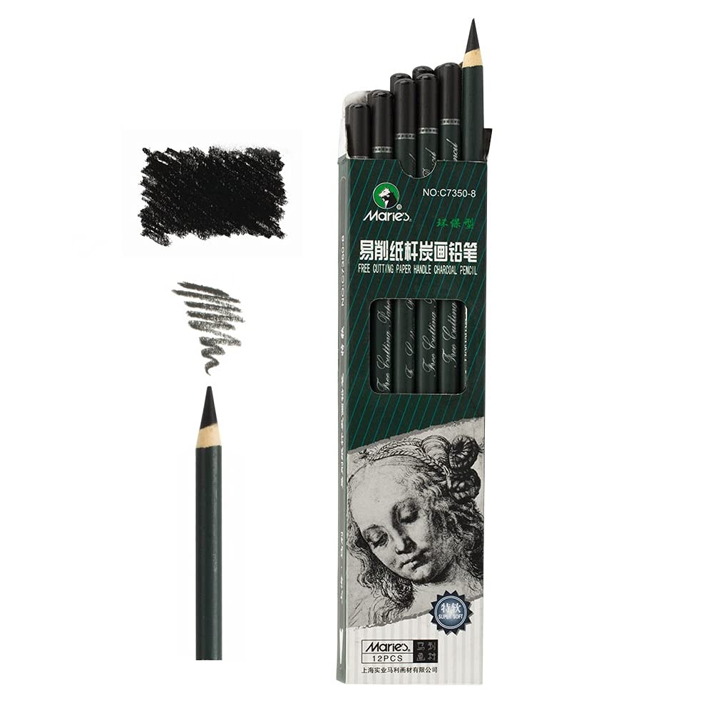 Marie's Artist Charcoal Pencil 12 Piece Set, Extra-Soft Black Paper Handle Charcoal Pencils for Drawing and Sketching Marie's