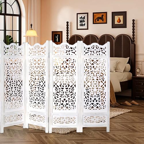 Room Divider Wood Screen Panel – Antique White, 4-Panel Folding 64"x48", Hand-Carved, Reversible Privacy Partition, Decorative & Functional Portable Room Divider for Home or Office The Wooden Town