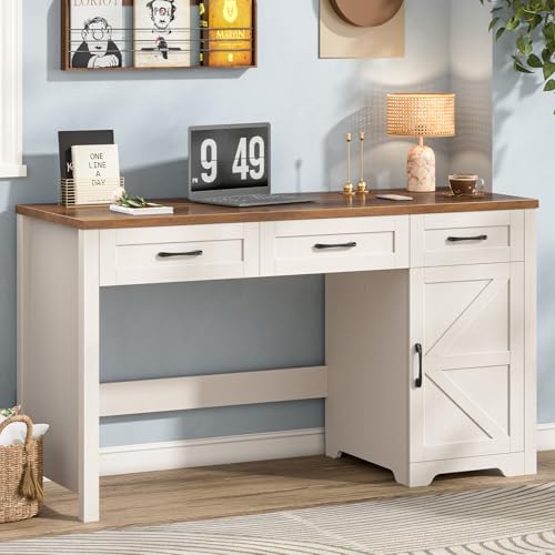 Vabches Farmhouse 55" Executive Desk,Computer Desk with 3 Drawers and Storage Cabinet,Home Office Desk for Work and Study Vabches
