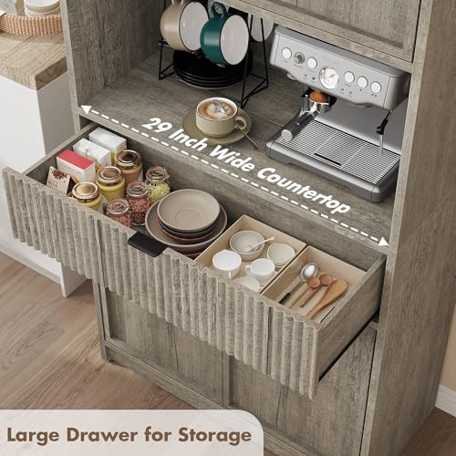 IDEALHOUSE Tall Storage Cabinet, 70" Kitchen Pantry Cabinet with Doors, Fluted Kitchen Hutch Cupboard with Microwave Shelf & Drawer, Freestanding Cupboard for Dining Room, Living Room, Gray IDEALHOUSE