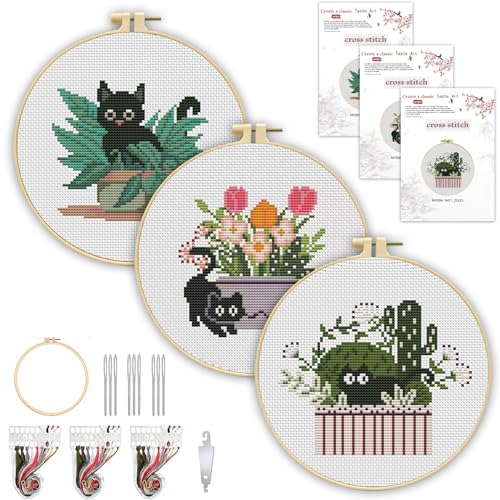 3 Pack Cross Stitch Kits for Beginners,Cute Cat Stamped Cross Stitch Kits for Adults with Embroidery Hoop,Plant Embroidery Kit 11CT Easy Partial Cross-Stitch Arts and DIY Crafts for Adults Home Decor