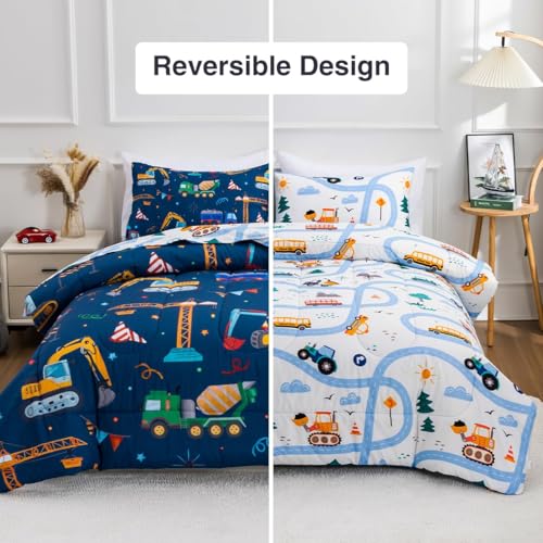 Holawakaka Trucks Tractors Cars Boy Bedding Comforter Set with Sheets, Full Size Cartoon Construction Car Excavator Print Kids Bed in A Bag 5-Piece, Boys Reversible Dorm Bed Sets (Navy Blue Full) Holawakaka