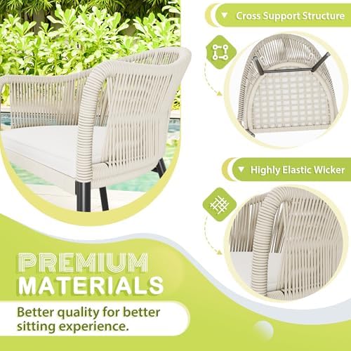 Flamaker 3 Piece Patio Set Outdoor Wicker Patio Chairs with Coffee Table & Cushions Bistro Conversation Set Porch Furniture for Patio, Balcony, Deck, Backyard Flamaker