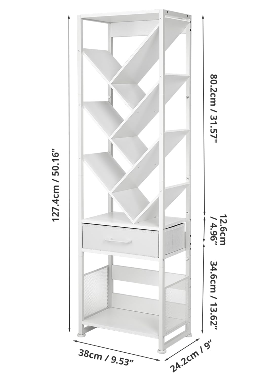 ZEXVIDA Bookshelf with Drawer,10 Tier Tree Bookcase Retro Floor Standing Bookshelves,Tall Wood Bookcases with Cabinet Storage Organizer for Living Room, Bedroom & Home Office, White ZEXVIDA