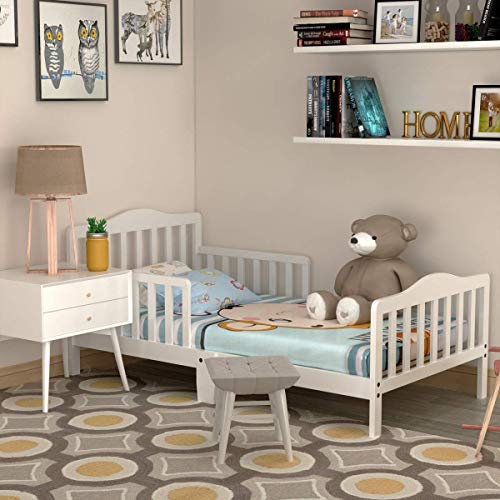Costzon Toddler Bed, Classic Wood Kids Bed Frame w/Double Safety Guardrail, Low to Floor Design, Wooden Slat Support, Fits Full Size Crib Mattress, Bedroom Furniture for Boys & Girls (White) Costzon