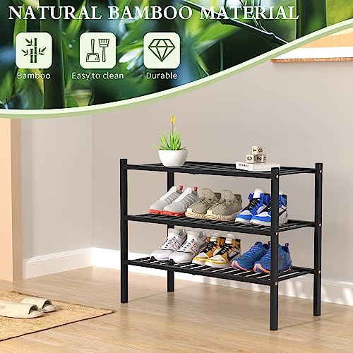 ROMGUAR CRAFT 3 Tier Bamboo Shoe Rack for Closet Free Standing Wood Shoe Shelf Storage Organizer for Entryway Small Space Stackable 27"x11"x20" (Black) ROMGUAR CRAFT