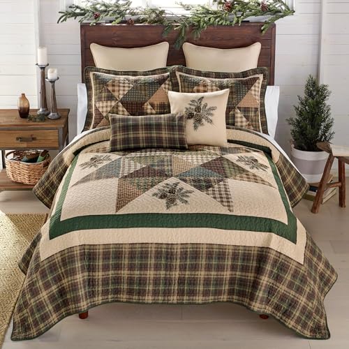 Donna Sharp Pine Star Pieced Embroidered Cotton Quilted Bedding Set - 3-Piece King Size Quilt Set - Includes 1 Quilt and 2 Pillow Shams - Machine Washable - Perfect for Rustic Decor Donna Sharp