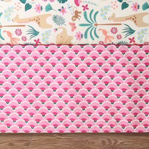 The Peanutshell 5 Piece Baby Crib Bedding Set for Girls - Newborn, Infant & Toddler Nursery Bed Set Decor with Fitted Crib Sheets, Blanket, Dust Ruffle Comforter - Bright Safari The Peanutshell