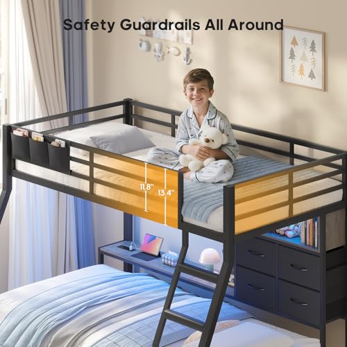BTHFST Bunk Bed Twin Over Twin with 4 Storage Drawers & Shelves & Bedside Caddy, Twin Bunk Beds with Charging Station & LED Lights, Metal Loft Bed with Safety Guardrail & Angled Ladder, Black & Grey BTHFST