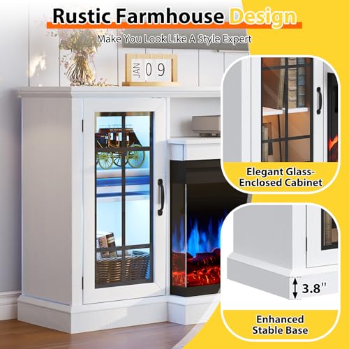 OneBlis 70 Inch Fireplace TV Stand for TVs up to 80", Rustic Media Entertainment Center Console Table with Glass Door Closed Storage, 3-Sided Glass Fireplace, White OneBlis