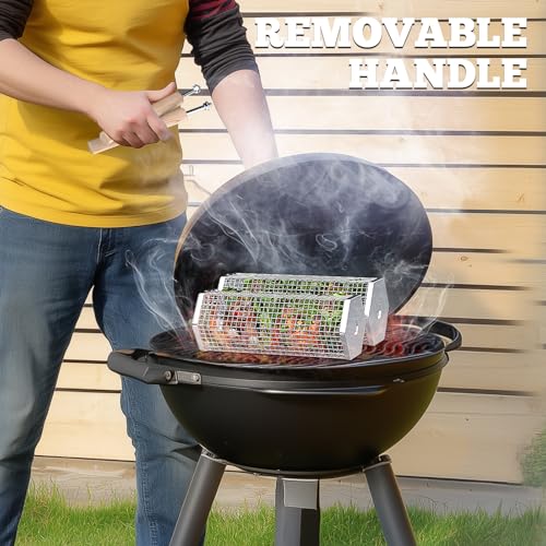 Ivtivfu Nesting Grill Baskets (2PCS, 2024), Removable Wooden Handle, 304 Stainless Steel, Rolling Grilling Net, BBQ Accessories Tools for Vegetables Shrimp, Outdoor Cooking Camping, Gifts for Men Dad Husband Ivtivfu