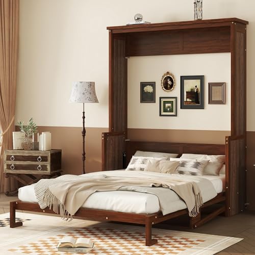 MaiDeHaoo Queen Size Wood Murphy Bed, Farmhouse Wall Bed Frame with Desk and Gas Struts, Space-Saving Murphy Cabinet Bed for Guest Room Home Office, Apartment, Walnut