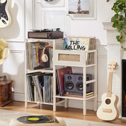 LELELINKY Record Player Stand, White Cream Oak Wood Record Holder with Vinyl Storage Holds up to 300+ Albums, 3-Tier Rattan Media Table with Vinyl Display Shelf, Record Storage Cabinet for Living Room LELELINKY