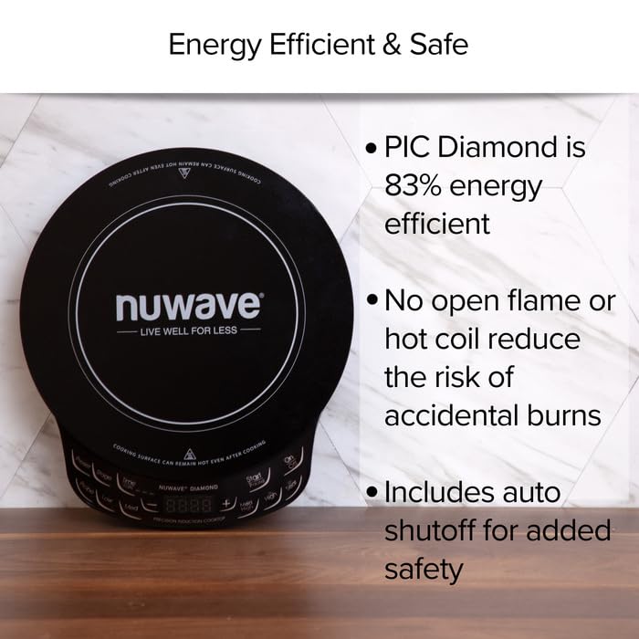 Nuwave Diamond Induction Cooktop, New & Improved Electric Burner with Probe, 91 Temps 50°F to 500°F, 6.5” Heating Coil, Shatter-Proof Ceramic Glass, 3 Wattage Settings, Ideal for Dorms, RVs & Apts Nuwave