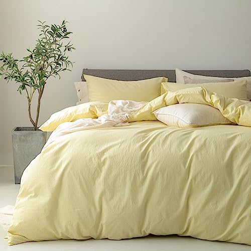 FOSSA Duvet Cover Set 100% Washed Cotton Linen Feel Super Soft Breathable Cozy 3 Pieces Bedding Sets Solid Pastel Yellow Full/Double FOSSA