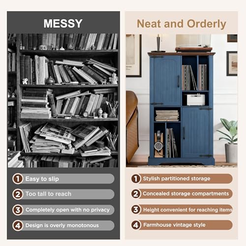 Maupvit Large Record Player Stand, 47" Farmhouse Navy Blue Vinyl Record Storage Cabinet with Barn Doors, Mid-Century Freestanding Rustic Wood Turntable Stand Maupvit