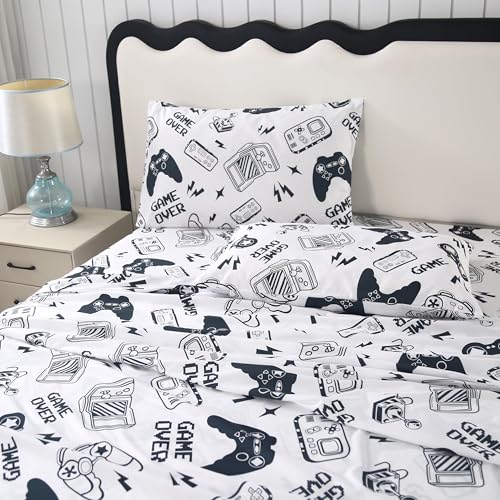 SDIII 4PCS Black and White Gamer Bedding Sheet Sets for Boys Girls Teens and Kids, Bed in a Bag Sheet Set Queen Size, Video Game Bed Sheet Set on Amazon, Queen SDIII