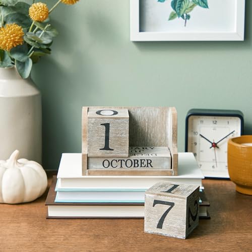 Juvale Wooden Perpetual Block Calendar for Desk, Wood Month Date Display Blocks for Teachers, Students, Classroom, Rustic Farmhouse Office Decor, Desk Accessories (5 x 4 In) Juvale