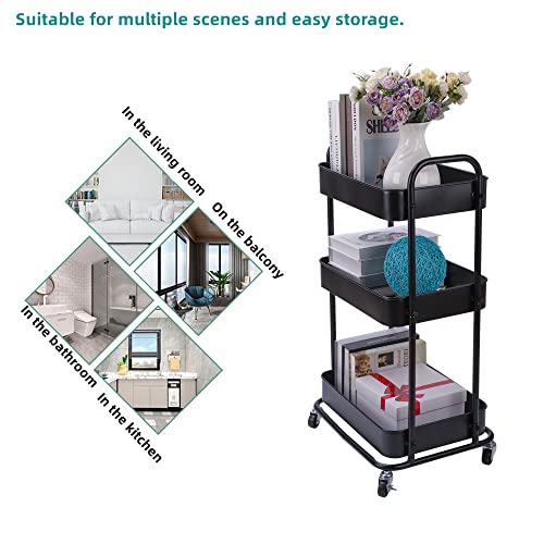 YOHKOH 3-Tier Metal Rolling Utility Cart, Storage Trolley Cart with Mesh Baskets and Lockable Wheels for Bathroom Kitchen Office (Dark Black) YOHKOH