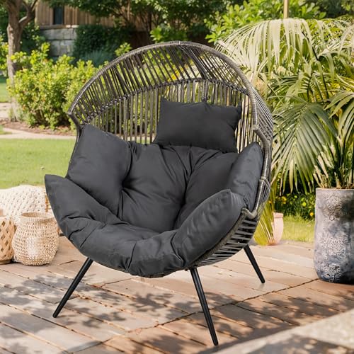 Vongrasig Outdoor Wicker Egg Chair PE Rattan Chair with Cushion, Oversized Patio Lounge Chair for Outdoor, Indoor, Balcony, Backyard, Garden, Black/Rattan Vongrasig