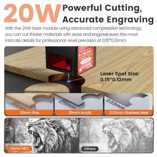 AlgoLaser Smart Laser Engraver, 20W Class 1 Laser Ccutter Machine, Built-in System, no Computer Required, Works on Metal, Wood, Acrylic, Leather, Includes air Pump Accessory. AlgoLaser