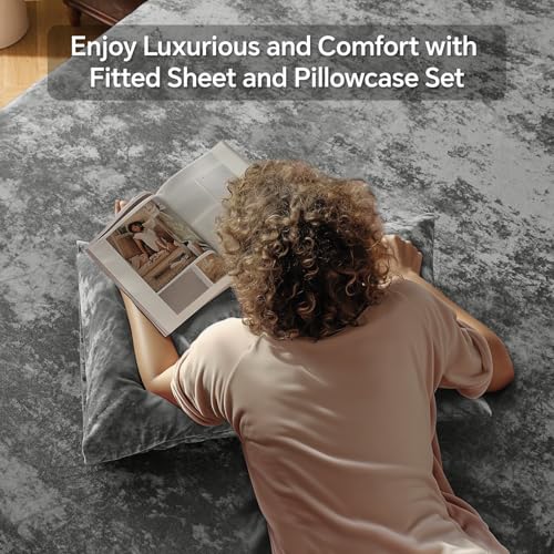 BEDELITE Velvet Fitted Sheet and Pillowcases Set, Luxury Soft Fuzzy Bottom Sheet with Reinforced Elastic Corner Straps, Deep Pocket up to 15 Inch, 1 Fitted Sheet and 2 Pillowcases (Full, Grey) BEDELITE