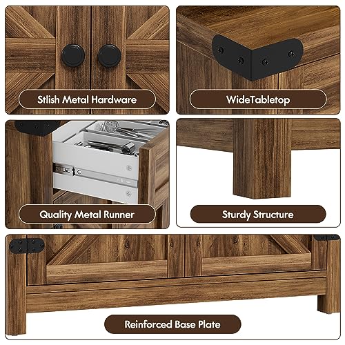 YESHOMY Coffee Bar Accent Cabinet, Farmhouse Barn Door Buffet Sideboard with Drawer and Adjustable Shelf, Wide Desktop for Kitchen, Dining Room, Bathroom, Entryway, Brown YESHOMY