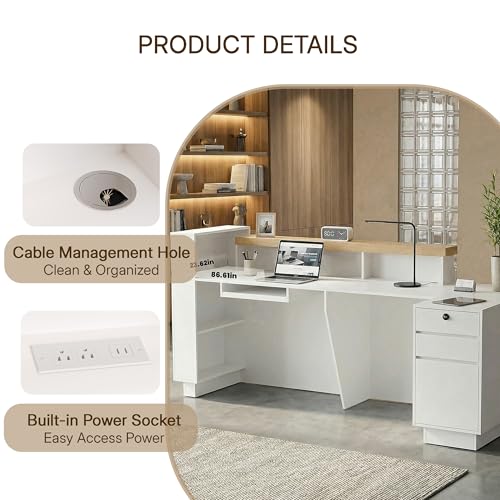 ZIMASYA 86.6" L-Shaped Reception Desk with Counter, Modern Commercial Front Desk with Power Outlets, Combination Lock Drawers, LED Lights for Office, Beauty Salon, Retail Store, White