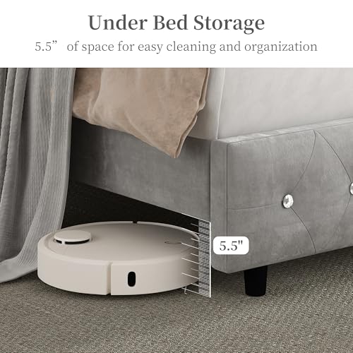 Queen Led Bed Frame with Galaxy Aurora Star Projector, Queen Platform Bed with Charging Station, 52" Upholstered Hidden Storage Headboard with Wingback, Noise Free, No Box Spring Needed, Velvet Gray SIBEDS