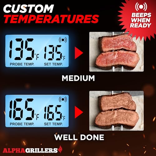 Alpha Grillers Meat Thermometer Digital - Kitchen Oven Thermometer for Cooking Food, Grilling, BBQ Smoker - 7 Preset Temperature Alerts, Timer, Alarm, & Stainless Steel Temperature Probe