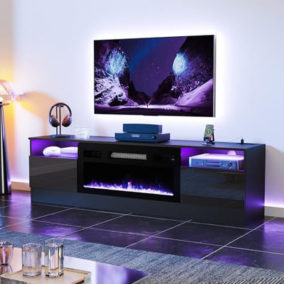Cozy Castle Fireplace Tv Stand with 30”Electric Fireplace Up to 75" Tvs,LED High Gloss Modern Tv Stand for 65 70" Tv,Entertainment Center Tv Console with Storage,Charging Station for Living Room,Black