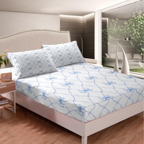 Erosebridal Bowknot Bed Sheets Set King Bow Knot Sheet Set for Kids Butterfly Knot Bow Tie Sheets Aesthetic Coquette Bedroom Decor Geometric Cartoon Blue Flat Fitted Sheet Erosebridal