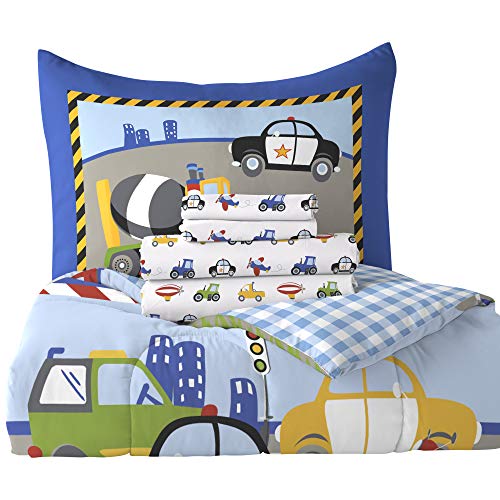 dream FACTORY Trucks Tractors Cars Boys 5-Piece Bedding Kids Construction Comforter Sheet Set, Twin Blue Red Multi dream FACTORY
