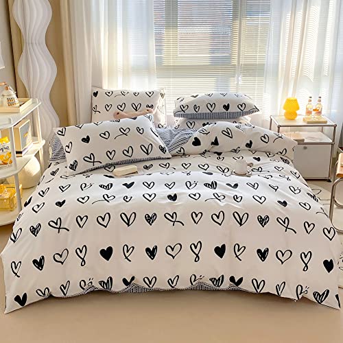 BlueBlue Hearts Kids Duvet Cover Set Twin 100% Cotton Bedding for Boys Girls Teens Single Bed Cartoon Kawaii Black White Heart Love Pattern 1 Cute Comforter Cover 2 Pillowcase (Twin) BlueBlue