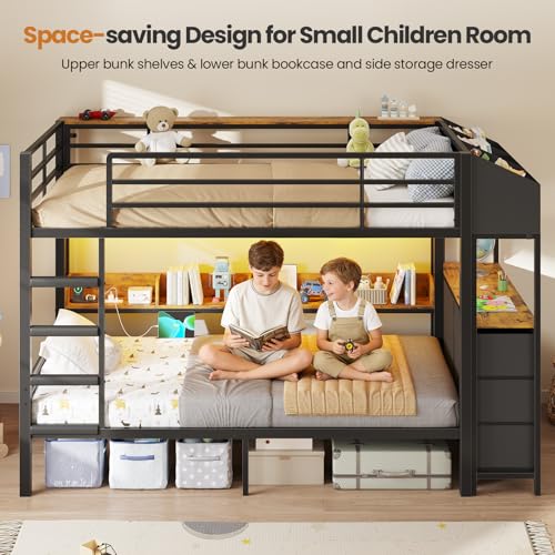 DICTAC Twin Over Twin Bunk Bed with 6 Storage Drawers,Led Lights and Charging Station Metal Bunk Beds with Side Bookcase,3 Storage Boxes &Shelf,L-Shaped bunk Bed with Safety Guardrail and Ladder,Black DICTAC