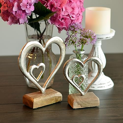 WHW Whole House Worlds Eternity Double Heart Figurines, Set of 2, Hand Cast Aluminum. Mango Wood Gallery Base, 7.75 and 6 Inches WHW Whole House Worlds