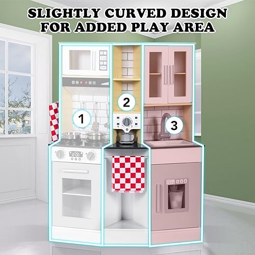 BRINJOY Kitchen Playset for Kids, Wooden Toddler Play Kitchen w/Faucet, Sink, Microwave, Oven, Apron, Cabinets, Children Pretend Play Cooking Toy Set w/Sound & Light, Gift for Girls Boys Age 3+ BRINJOY