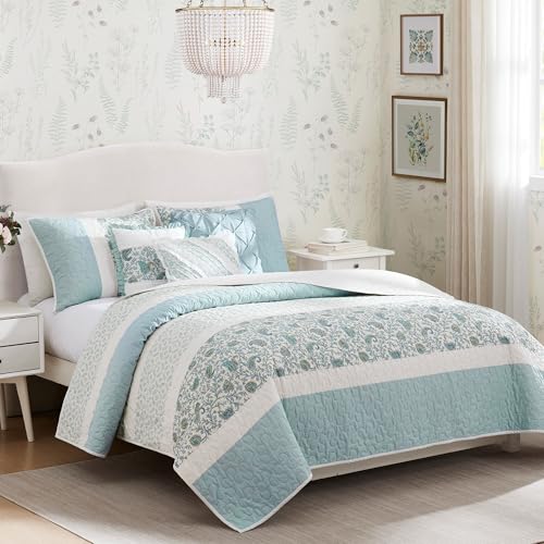 Madison Park 100% Cotton Quilt Set Floral Print, Double Sided Stitching, All Season, Lightweight Coverlet Shabby Chic Bedding Layer, Matching Shams, Full/Queen, Light Teal 6 Piece,Aqua Madison Park