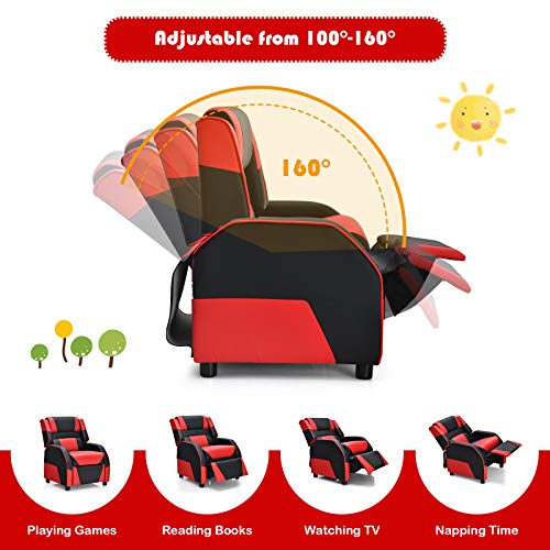 Costzon Kids Recliner, Gaming Recliner Chair w/Footrest, Headrest & Lumbar Support, Ergonomic Leather Lounge Chair for Living & Gaming Room, Adjustable Racing Style Sofa for Children Boys Girls, Red
