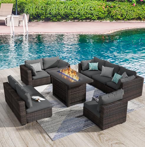 9 Pieces Patio Furniture Set with Fire Pit Table, Outdoor Rattan Sectional Sofa- All Weather High Backrest Wicker Couch Conversation Set with Waterproof Cushion for Backyard balcony Porch (Grey) Grezone
