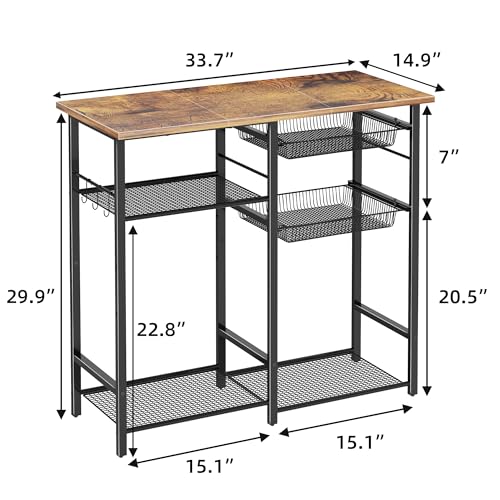 LAKEMID Kitchen Bakers Rack,Microwave Stand with Storge 3-Tier,Coffee Bar Station,6 S-Shaped Hook,Kitchen Storage Shelf,33.7D x 14.9W x 29.9H Inches,Rustic Brown