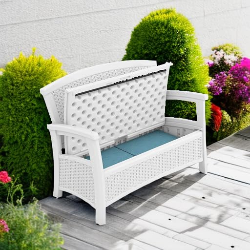 Suncast Elements Stylish Lightweight Loveseat Outdoor Seating with Convenient Built In Universal Storage, and All Weather Plastic, White Suncast