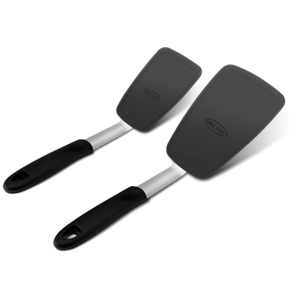 Unicook 2 Pack Flexible Silicone Spatula, Turner, 600F Heat Resistant, Ideal for Flipping Eggs, Burgers, Crepes and More, Black Unicook