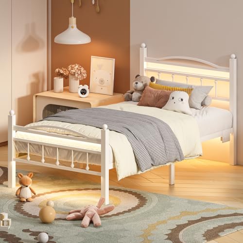 Jenmit Twin Bed Frames with Headboard, LED Bed Frame with Charging Station, Metal Platform, Under-Bed Storage, No Box Spring Needed, Noise Free, Easy Assembly, White Jenmit