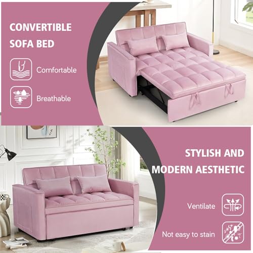 3 In 1 Velvet Convertible Sofa Bed, Pull Out Couch Bed with Reclining Backrest And 2 Pillows, 54" Full Size Loveseat Sleeper Sofa Futon Couch Bed, Couches For Small Spaces, Living Room (Pink) anwickjeff