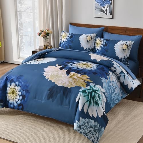 DJY Comforter Set Queen Size, 7 Piece Grey Blue Floral Comforter Set with Sheets Elegant Flower Print Bed in a Bag Soft Microfiber Complete Bedding Set for All Season DJY